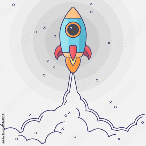 Minimalistic rocket launch flat icon. Rocket illustration with clouds, space and launch fire, flat modern art.