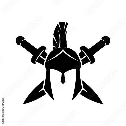Spartan helmet and crossed swords.