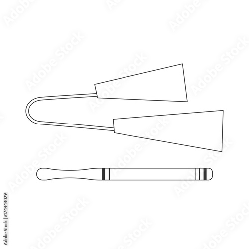 Isolated black outline decorative ornate metal agogo with stick on white background. Line brazilian musical instrument for bateria of capoeira.