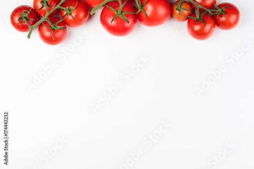 Tomato on the white background. Healthy food. Tomatoes on white background. Top view. Copy space