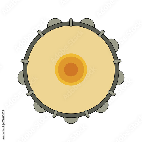 Isolated colorful decorative ornate tambourine, pandeiro on white background. Colored brazilian musical instrument for bateria of capoeira. View from above.