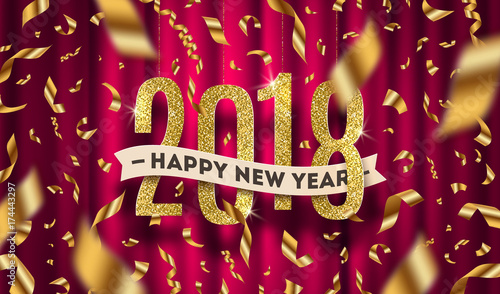 Happy New year 2018 greeting vector illustration. Glitter gold numbers and golden foil confetti on a red curtain background.