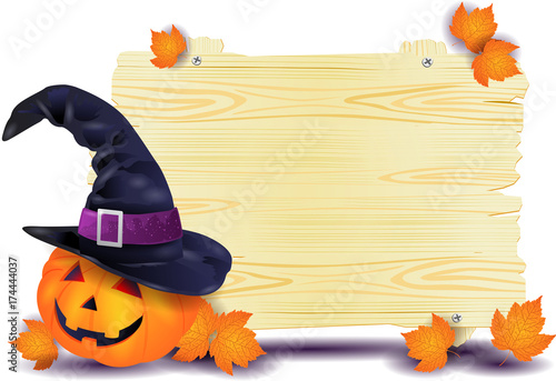 Halloween signboard with big pumpkin and witch's hat