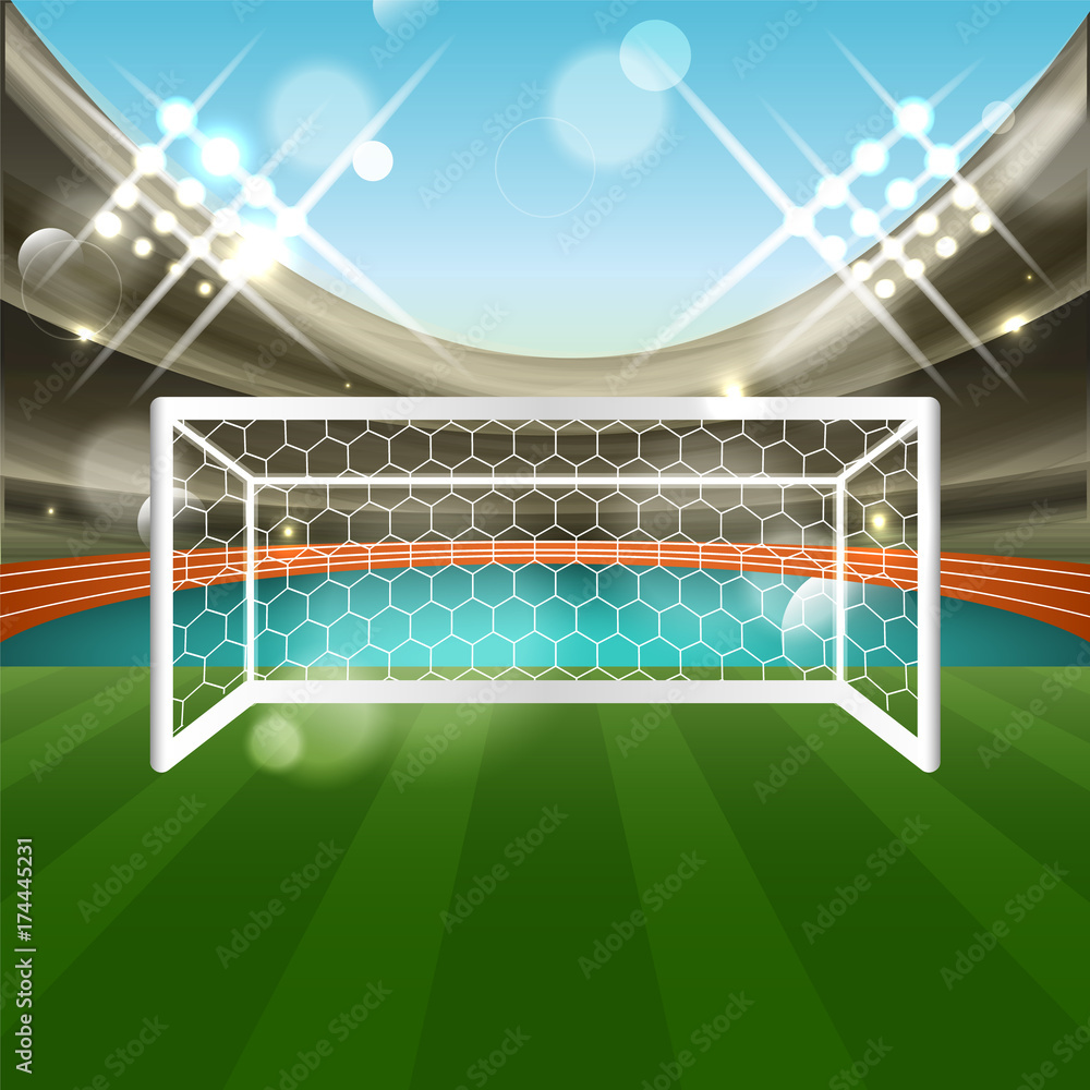 Football stadium with soccer goal net, grass and athletic track. Tribune,  glitter and spotlights. Stock Vector | Adobe Stock