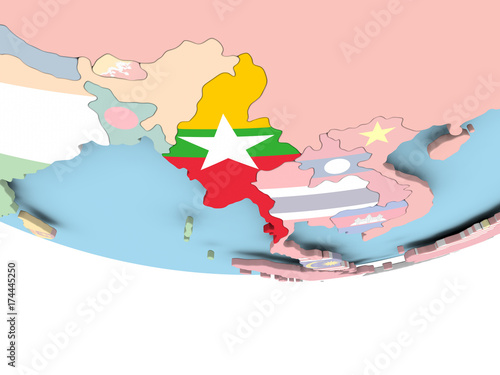 Map of Myanmar with flag on globe