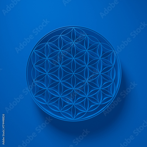 3D Illustration - Flower of Life Sign with light above on blue background