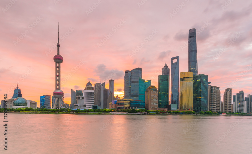 View of downtown Shanghai skyline at twilight