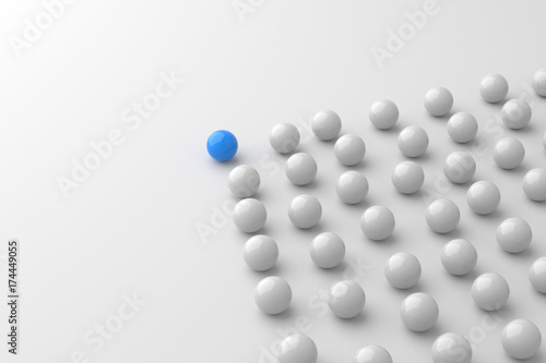 Leadership concept  blue leader ball  standing out from the crowd of white balls. 3D rendering