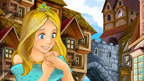 Cartoon scene of beautiful princess in the old town - castle in the background - illustration for children