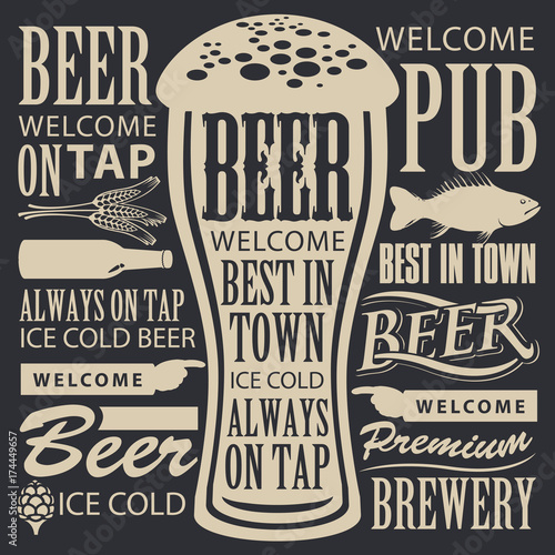 Vector banner for brewery or brasserie with overflowing beer glass and lettering on the beer theme in a retro style on the black background