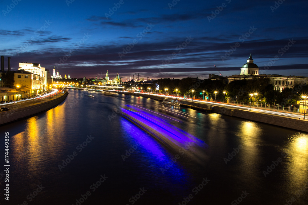 Night panorama of Moscow. Kremlin. Zaryadye. Moscow river