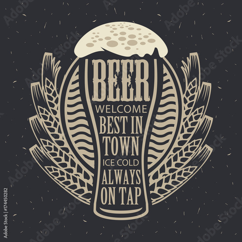 Vector banner with wreath of wheat and overflowing beer glass with letterings on the beer theme on the black paper background in a retro style.
