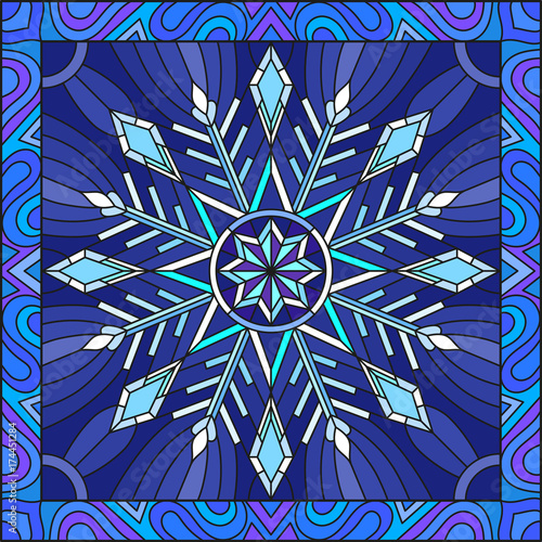 Illustration in stained glass style with snowflake in blue colors in a frame 