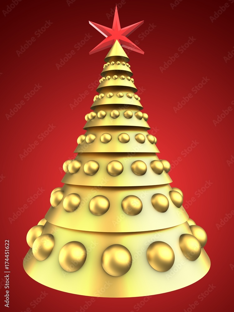 3d golden Christmas tree over red 3d golden Christmas tree over red