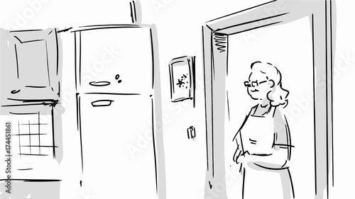 Granny in the kitchen storyboard Vector sketch illustration