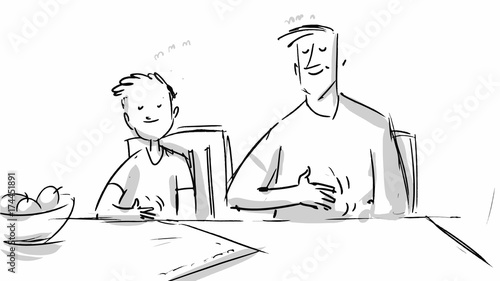 Happy dad and son starving or having meal. Vector storyboards sketch