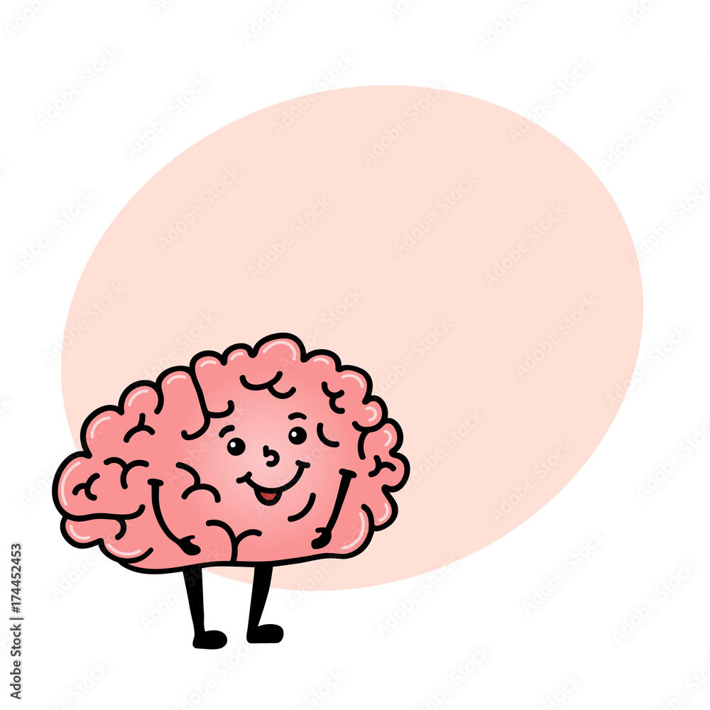 Cute and funny brain character with human face and round space for text,  cartoon vector illustration isolated on white background. Healthy smiling  brain character with human face Stock Vector | Adobe Stock