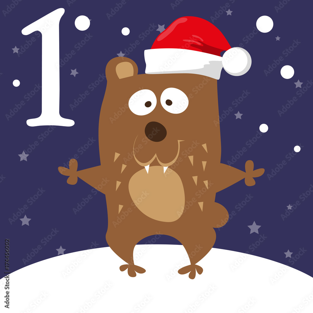 Christmas advent holiday calendar banner. Cute bear in Santa Claus hat on background with stars. Cartoon style. Vector illustration Christmas advent holiday calendar banner. Cute bear in Santa Claus hat on background with stars. Cartoon style. Vector illustration