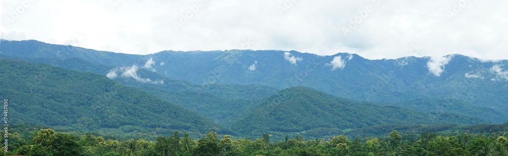 Panorama of green mountain range with soft white clouds