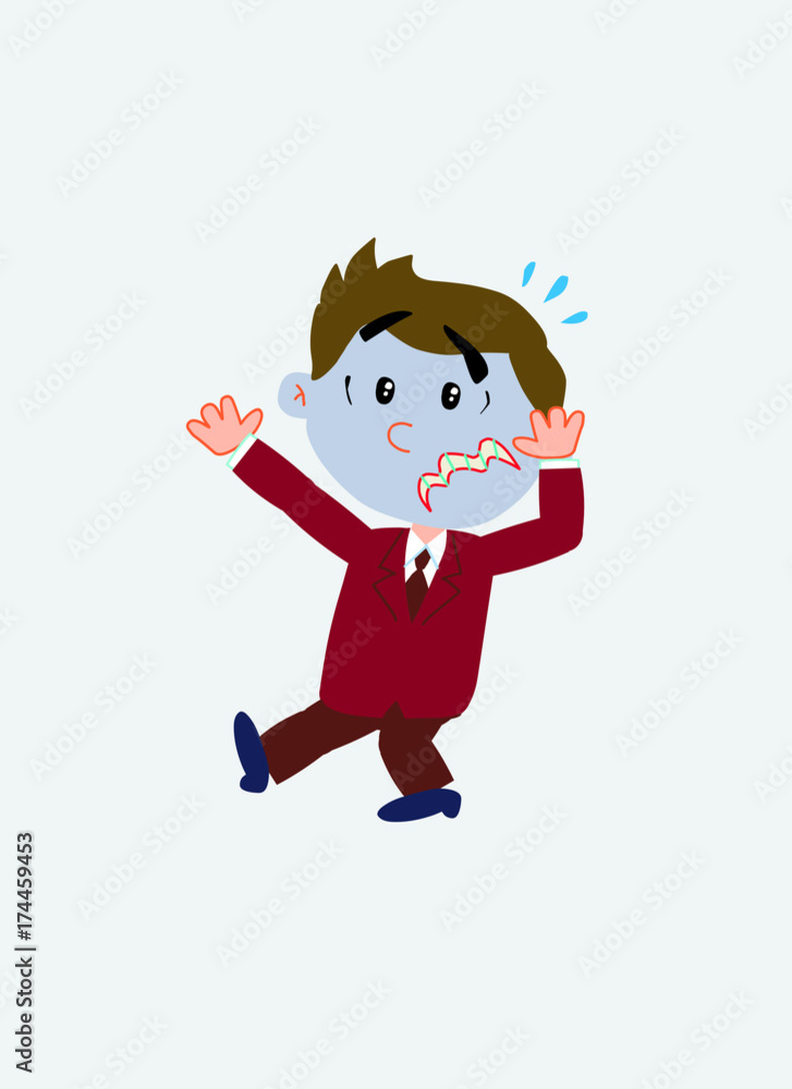 White businessman. Vector illustration isolated in a funny cartoon style. The character is terrified.