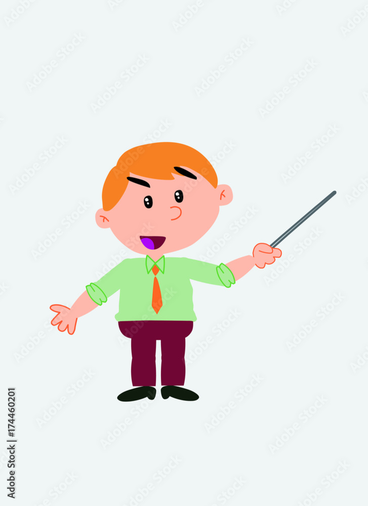 White businessman. Vector illustration isolated in a funny cartoon style. The character points with a pointer something to his side in a positive attitude. White businessman. Vector illustration isolated in a funny cartoon style. The character points with a pointer something to his side in a positive attitude.