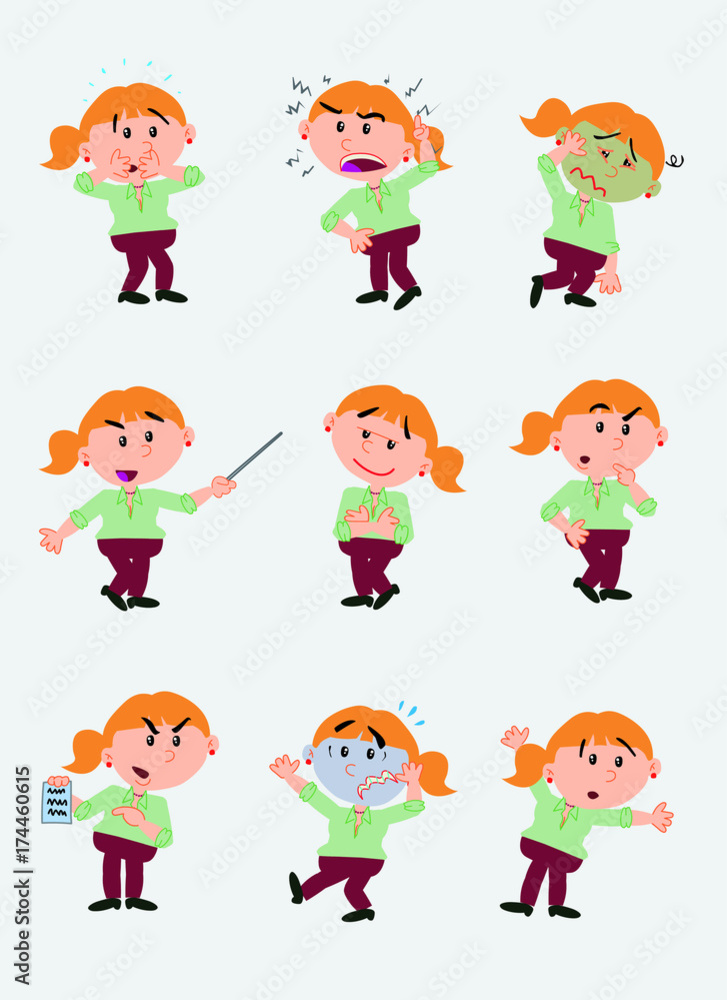 businesswoman character. Set with 9 variations for design work and animation.The character is angry, sad, happy, doubting… Vector illustration to isolated and funny cartoons characters. businesswoman character. Set with 9 variations for design work and animation.The character is angry, sad, happy, doubting… Vector illustration to isolated and funny cartoons characters.