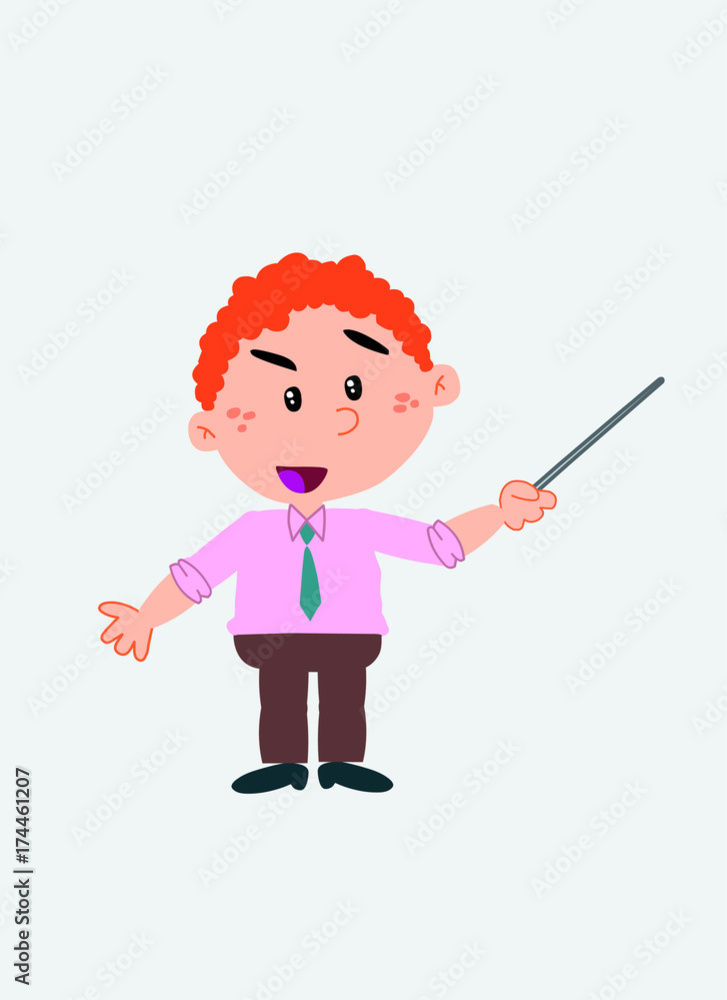 White businessman. Vector illustration isolated in a funny cartoon style. The character points with a pointer something to his side in a positive attitude. White businessman. Vector illustration isolated in a funny cartoon style. The character points with a pointer something to his side in a positive attitude.