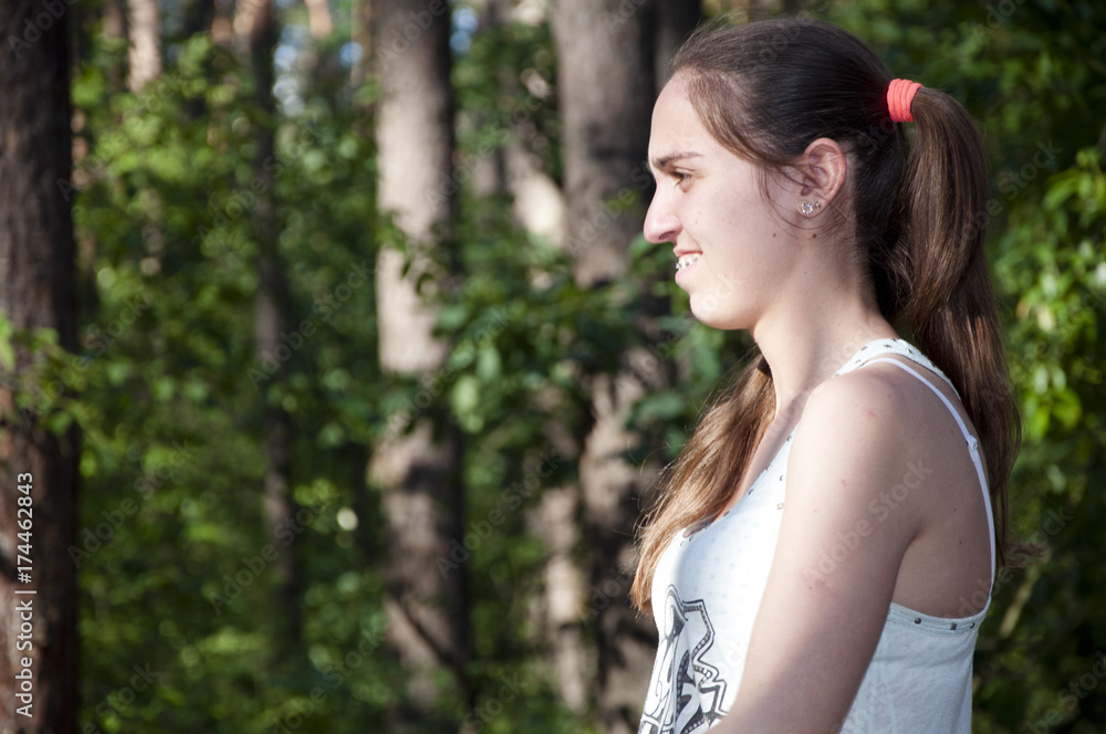Beauty and youth. Summer vacation and holiday. Girl in forest outdoor. Woman in summer nature. Activity and energy. Beauty and youth. Summer vacation and holiday. Girl in forest outdoor. Woman in summer nature. Activity and energy.
