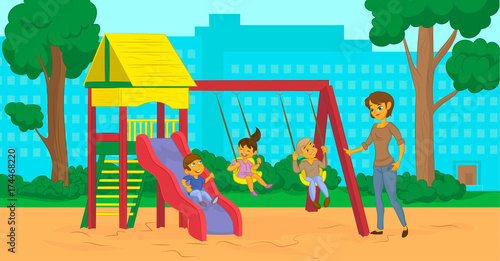 Cartoon mom with kids in the city park