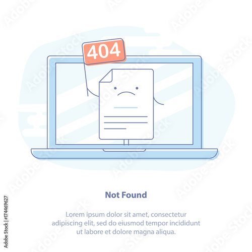 404 Error Page or File not found icon. Page with flag 404 on laptop display. Isolated vector illustration. 
