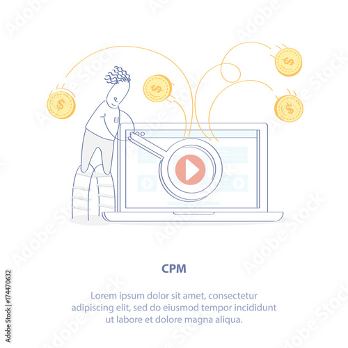 Video Marketing, CPM, Cost per View. Cute Man with magnifying glass. He earns money by viewing video advertising. Isolated vector icon. 