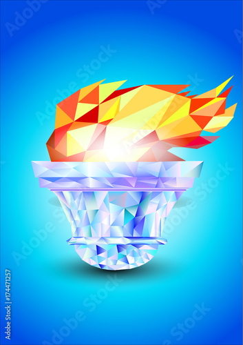 Torch, Flame.  A hand from the Olympic ribbons holds the Cup with a torch on a blue background in a geometric triangle of XXIII style Winter games. 