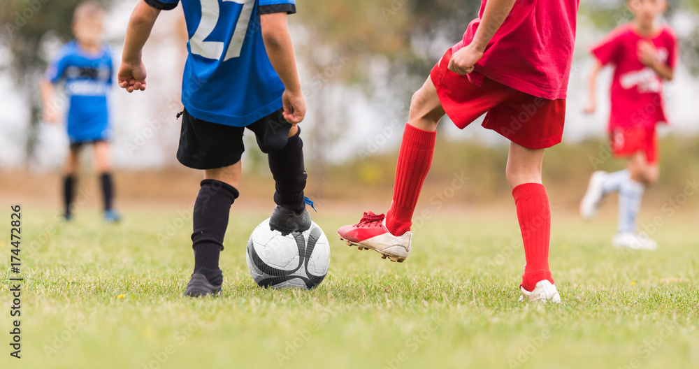 Kids soccer football - children players match on soccer field Kids soccer football - children players match on soccer field