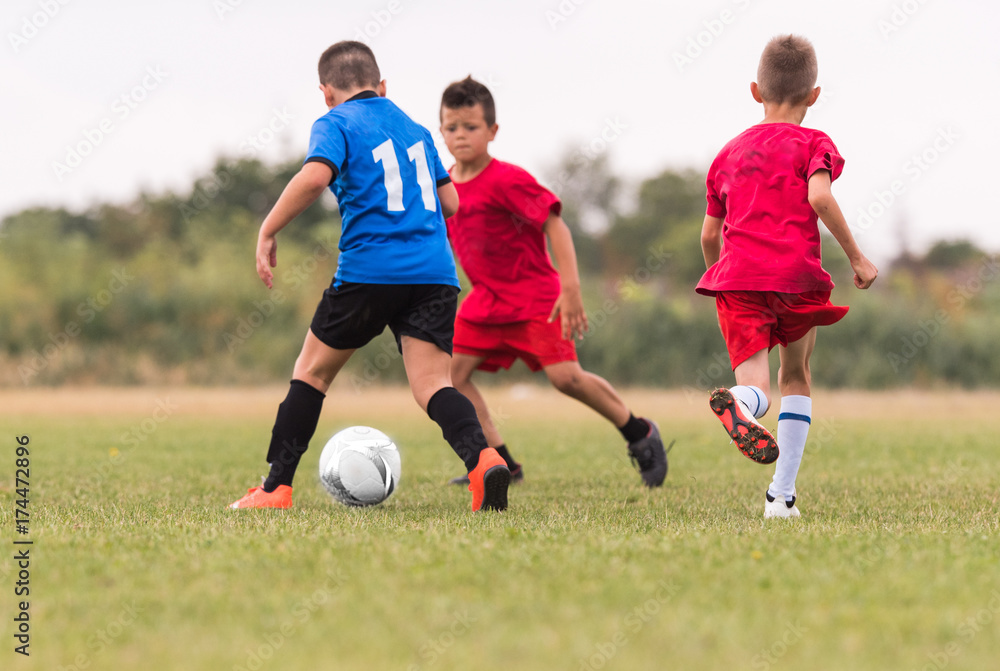 Kids soccer football - children players match on soccer field Kids soccer football - children players match on soccer field