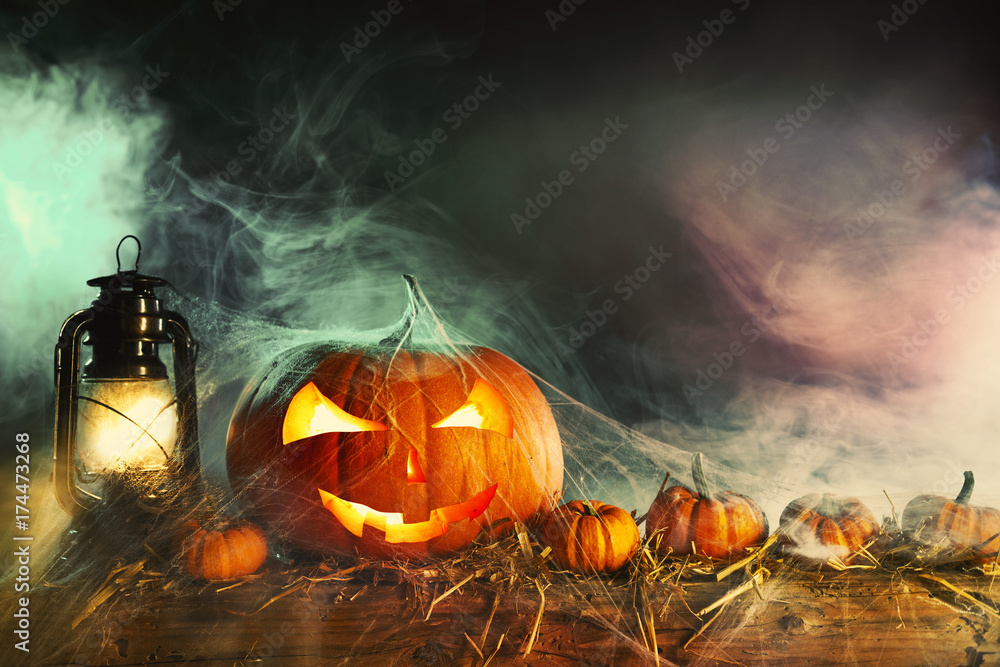 Naklejka premium Halloween theme with pumpkins under spider web