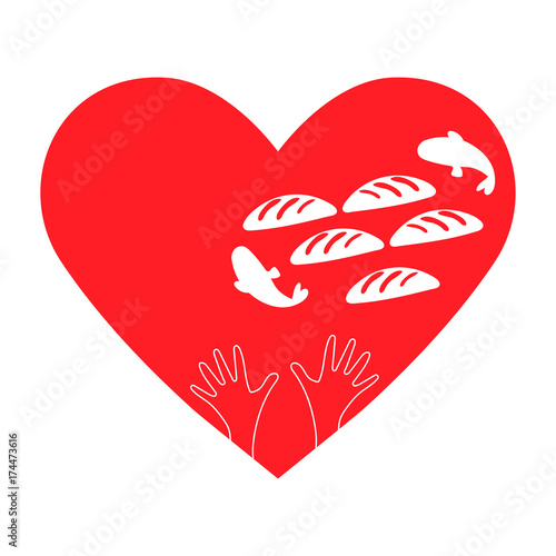 Vector illustration of Gospel story: Feeding the multitude, or the Feeding of the 5,000, with Jesus miracle of the five loaves and two fish. Heart shape, hands, 5 breads and 2 fish. Charity sign.
