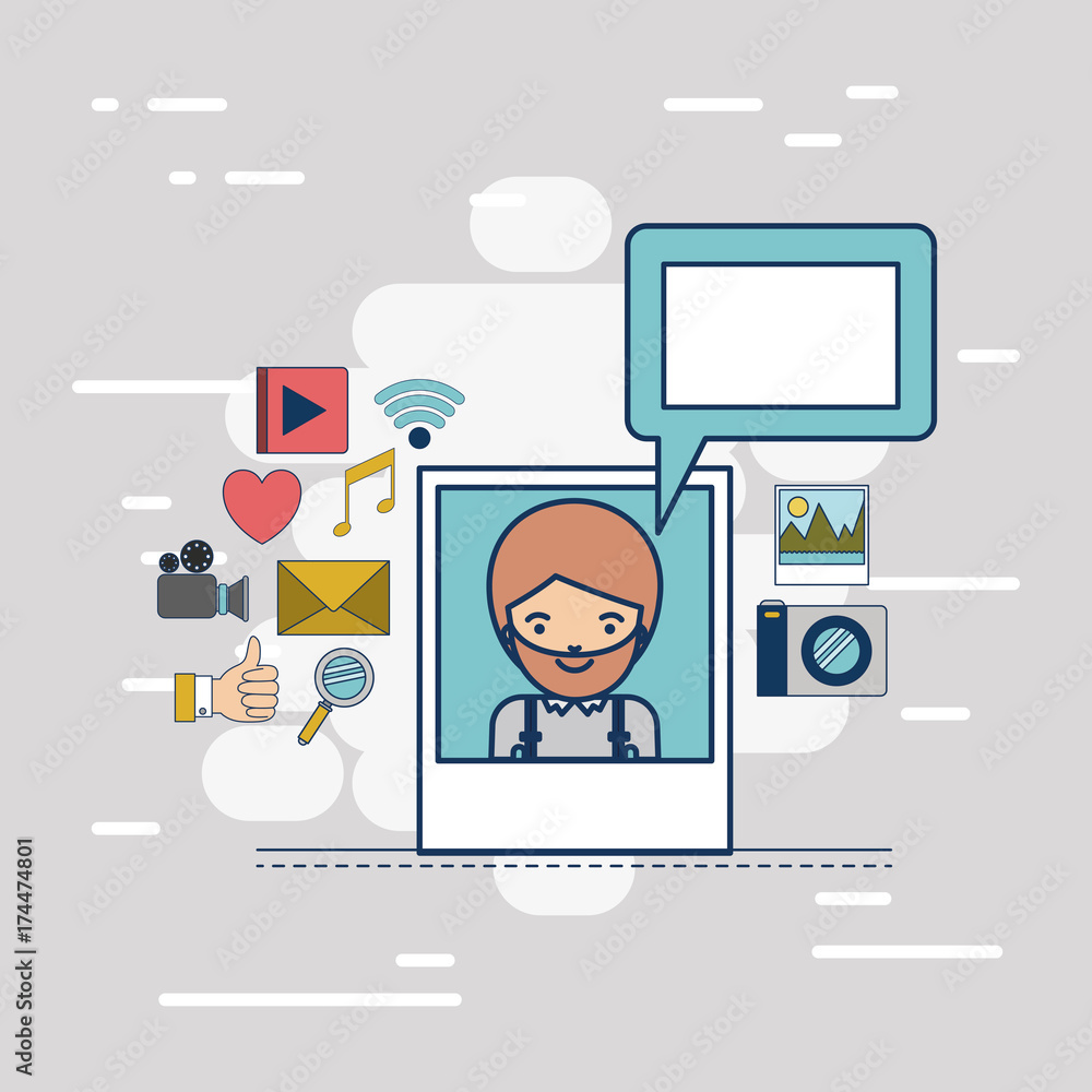 photo application with half body bearded man with multimedia icons on colorful decorative background photo application with half body bearded man with multimedia icons on colorful decorative background