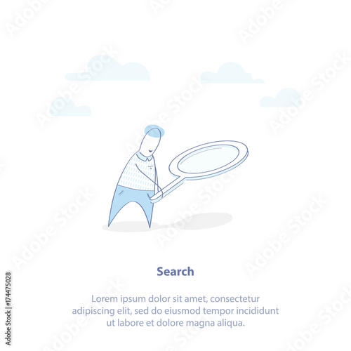 Concept of Searching, Research, Web Surfing or Looking for information. Cute cartoon man with magnifying glass, searching for something. Isolated vector illustration.