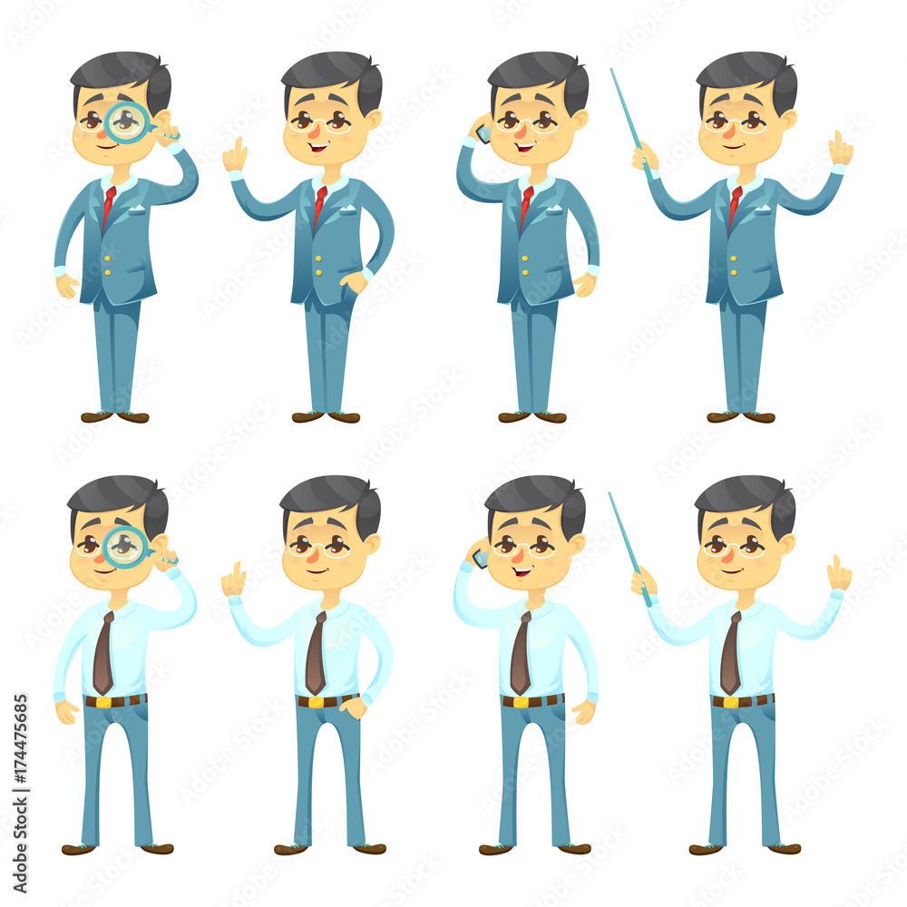 Vector illustration - funny cartoon guy with glasses in various poses handsome young businessman Vector illustration - funny cartoon guy with glasses in various poses handsome young businessman