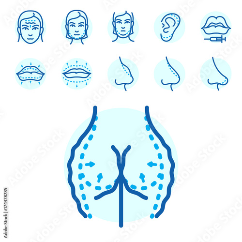 Plastic surgery body parts face correction infographic icons anaplasty medicine skin treatment beauty health procedure vector illustration