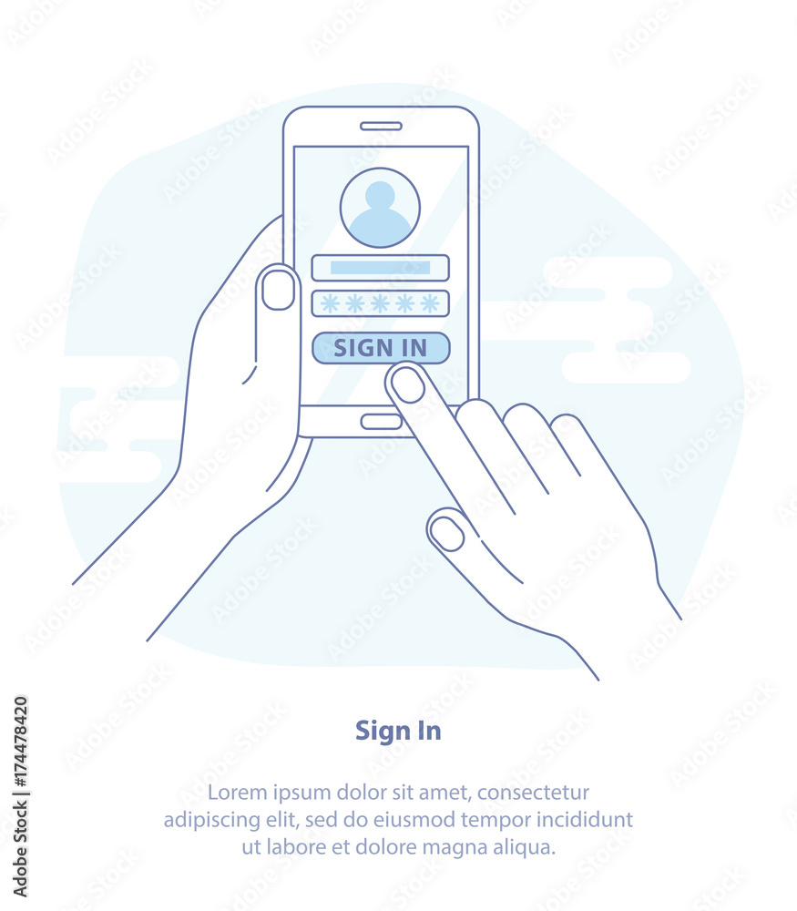 Concept of sign in page on smartphone screen. Hand holds the smartphone and finger touches screen. Modern Isolated Vector Illustration. Concept of sign in page on smartphone screen. Hand holds the smartphone and finger touches screen. Modern Isolated Vector Illustration.