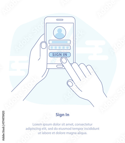 Concept of sign in page on smartphone screen. Hand holds the smartphone and finger touches screen. Modern Isolated Vector Illustration.