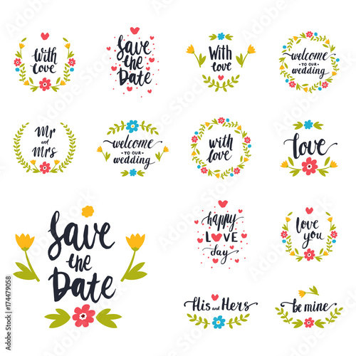 Vector hand drawn typography save the date quote text logo badge design wedding for greeting cards or invitations illustration