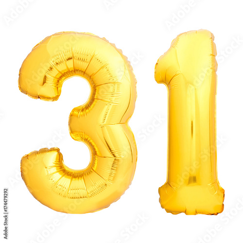 Golden number 31 thirty one made of inflatable balloon photo