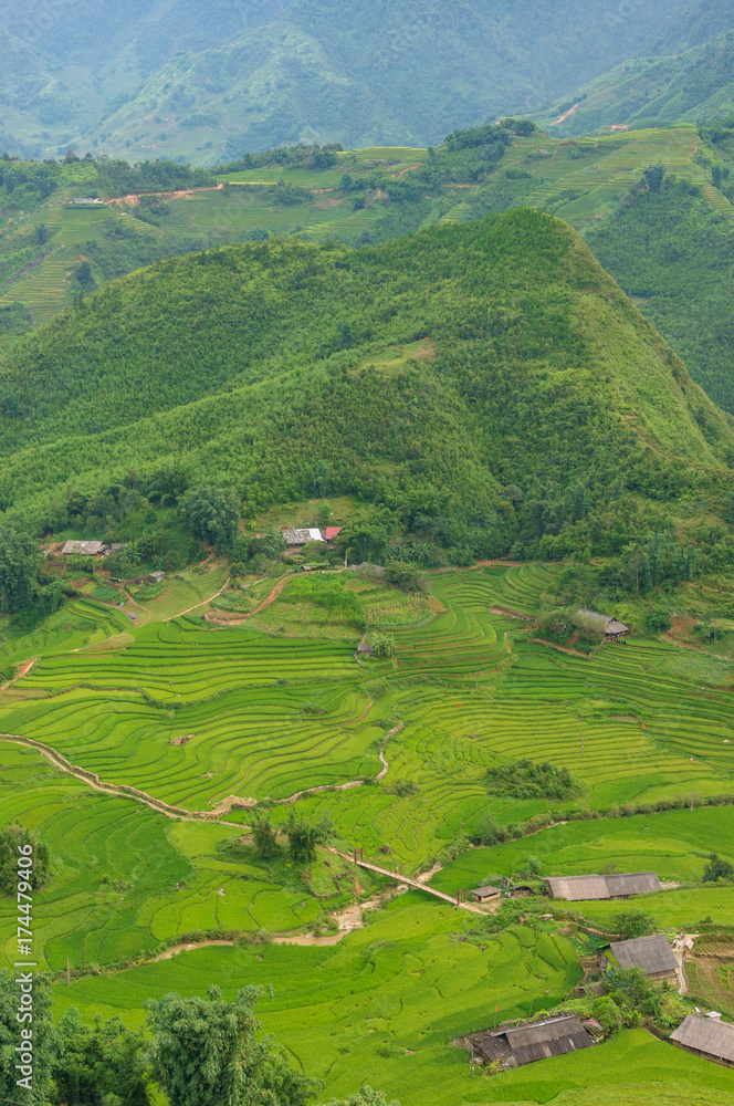 Green hills with rice terraces and rural houses