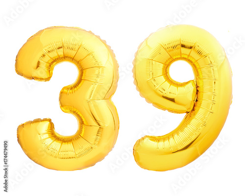 Golden number 39 thirty nine made of inflatable balloon photo