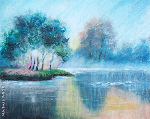 Original oil pastel painting - The Dawn Haze - Impressionism - Modern Art
