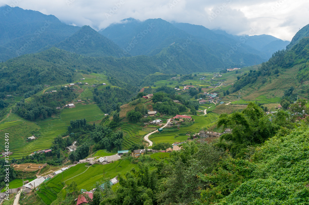 Muong valley landscape with villages and rice terraces