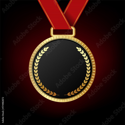 Gold medal isolated on red background.