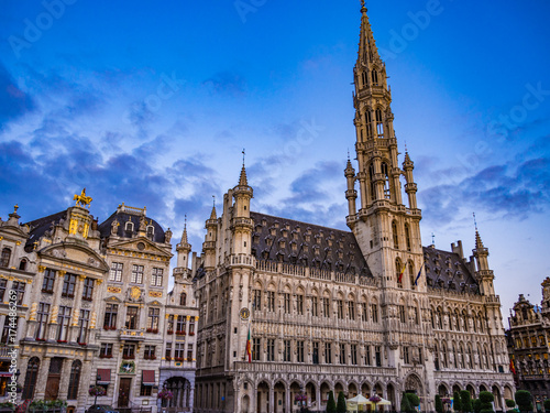 Morning view of the Town Hall in the Grand Place of Brussels, Belgium.